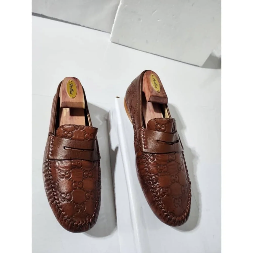 Authentic Gucci Cognac Leather Upper Geometric Loafers Brown Size 5.5 - Picture 6 of 16
